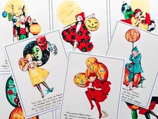 Set of 9 Vintage Retro Halloween Greetings 50's Quilt Cotton FABRIC Images