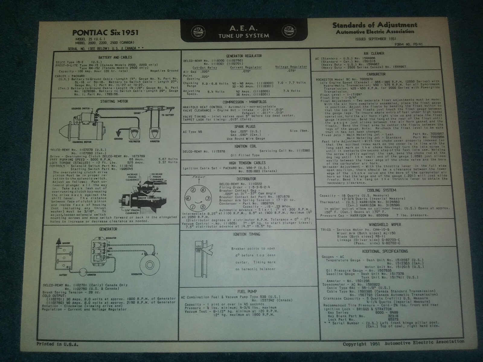 1951 PONTIAC 6CYL TUNE-UP & WIRING DIAGRAM CHART / VINTAGE ITEM!