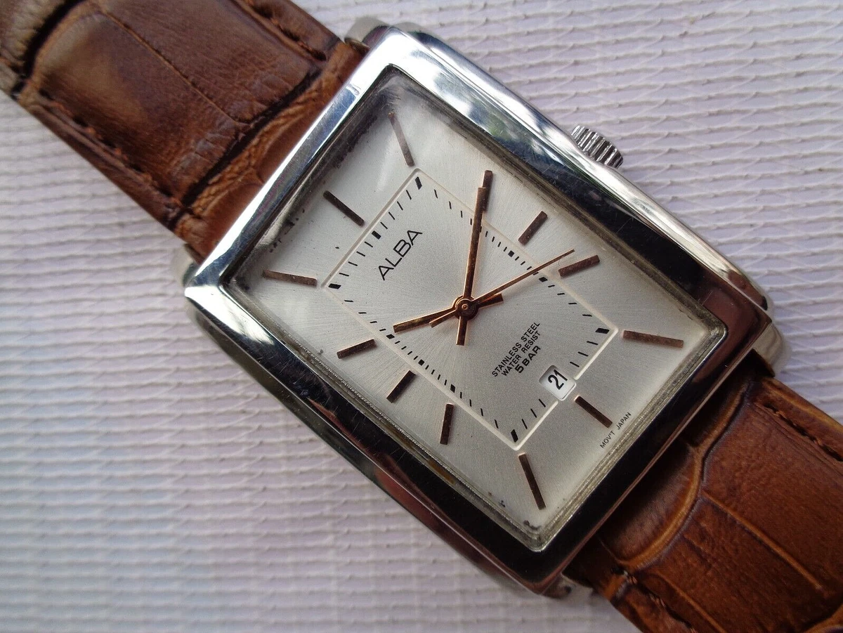 RARE JAPAN CURVED RECTANGLE SS MENS SILVER DIAL ALBA 5ATM DATE QUARTZ WRISTWATCH