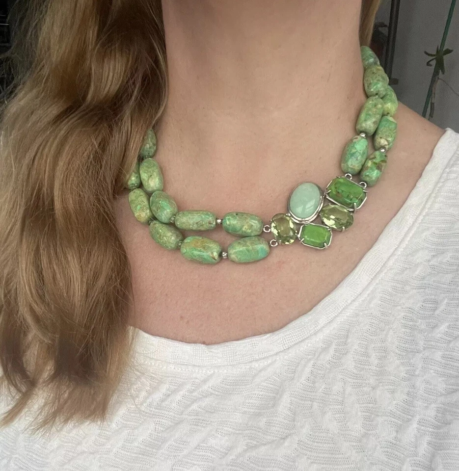 Collar llamativo vintage de cuarzo turquesa verde de 2 hilos Barse