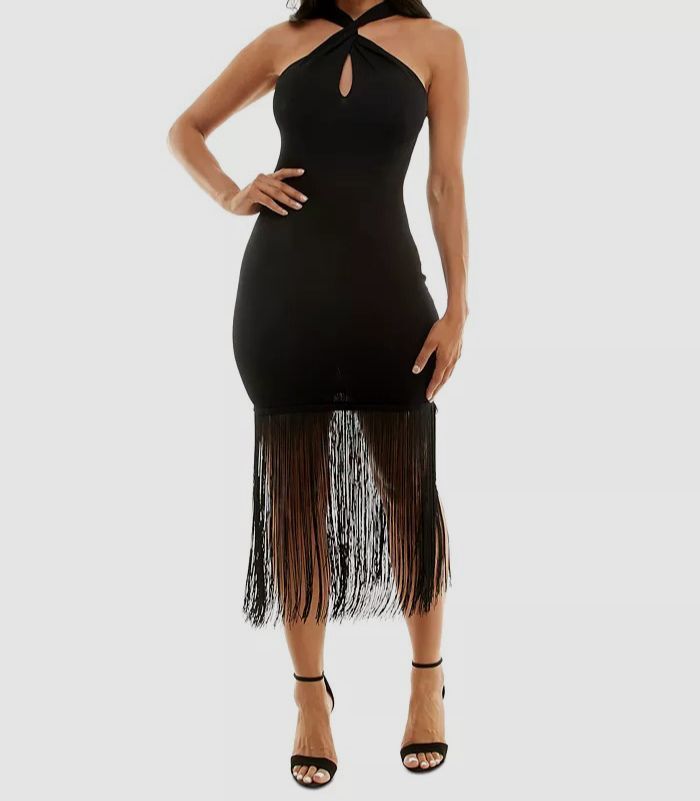 Bebe Womens Juniors Fringe Hem Keyhole Cut Halter Dress Black XS
