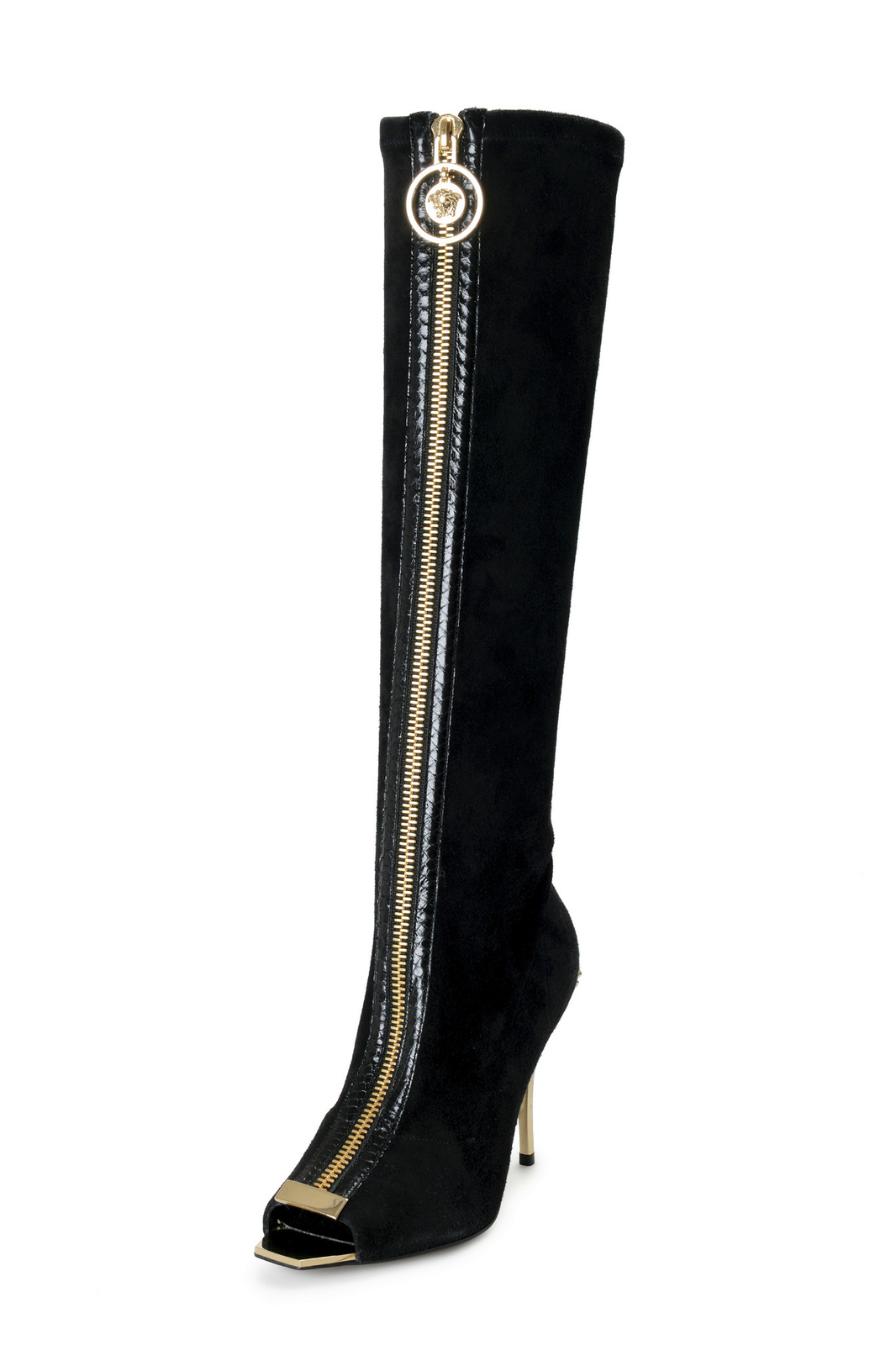 Женские черные замшевые ботинки из кожи питона Versace с открытым носком размер US 5 размер IT 35 160090₽