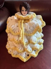 Vintage Retro 1960’s MCM Doll Bath Tissue Cover Yellow & White Crochet Crafts