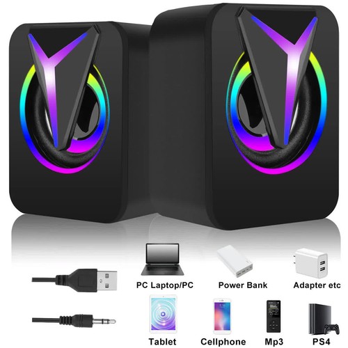 USB Wired Computer Speakers Colorful RGB LED Stereo 3.5mm For PC Laptop Desktop - 第 1/15 張圖片