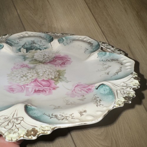PRUSSIA RS ROSES CAKE PLATE HANDLED ANTIQUE GREEN - Picture 4 of 11