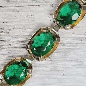 Authentic VINTAGE RETRO JOLLE GREEN CRYSTAL STERLING SILVER 925 LINK BRACELET GOLD PLATED