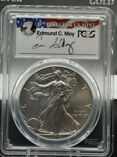 2012-W PCGS SP70 Burnished Silver Eagle Edmund C. Moy Signed Label First Strike