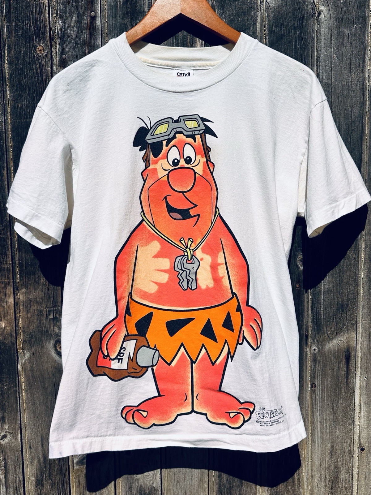 VINTAGE 1993 FLINTSTONES FRED DOUBLE SIDED SUNBATHING T-SHIRT ANVIL USA 90S Sz L