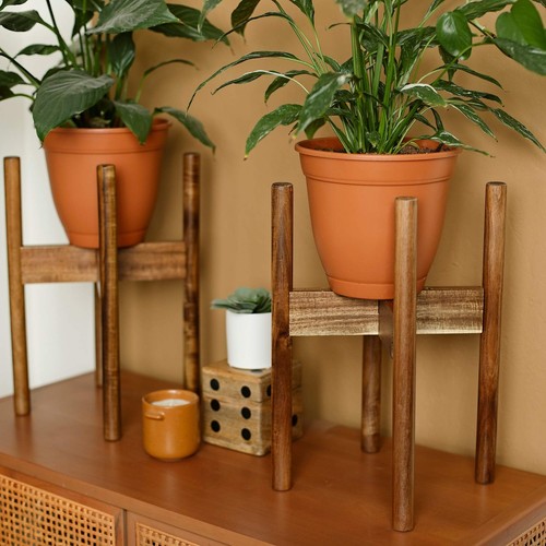 Planter Stand Indoor Outdoor Acacia Hardwood Adjustable Pot Mid Century Modern - Picture 7 of 7