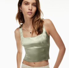 Wilfred Aritzia Shine Bustier Satin Square Neck Crop Top - Deep Olive - SMALL