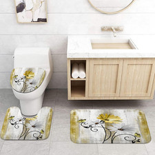 Rustic Farmhouse Bath Mat Set, Farm Yellow Daisy Floral Flowers and Butterfly on