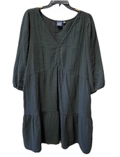 GAP Black Babydoll Gauze Cotton Dress Sz XL 3/4 Sleeve Soft Lightweight Pockets