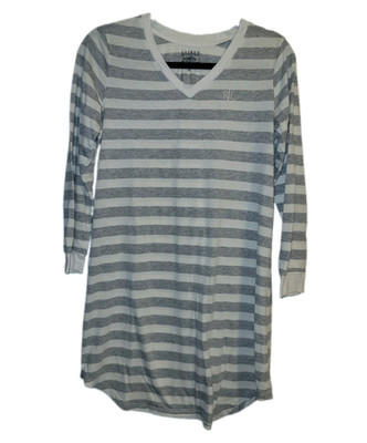 Lauren Ralph Lauren Gray White Striped V-Neck Long Sleeve T-Shirt Dress M