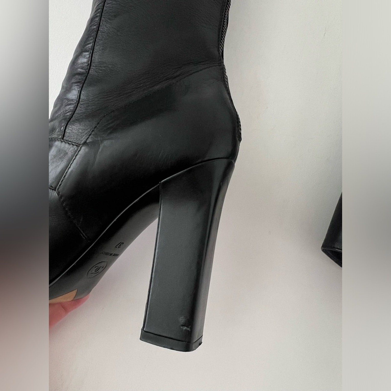 CHANEL | Black Leather Knee High Heel Boots CC Logo Turnlock EU 37 thumbnail 14