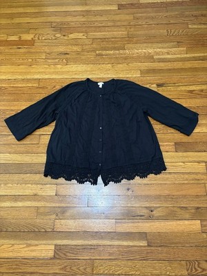 LOGO Lavish Lori Goldstein Womens Peasant Top Size Large Black 100% Cotton Shirt