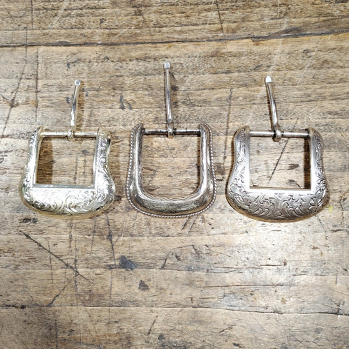 Three Silver Tone Belt Buckles Lot Western Engraved Southwestern Rodeo Metal VGC