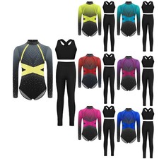Girls Gymnastics Skating Outfits Stage Performance Set Yoga Mock Neck Athletic