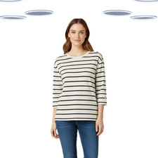 Ex Fat Face Women's T-shirt  - Stripe 3/4 Sleeves Drop Shoulder White (Size 14)