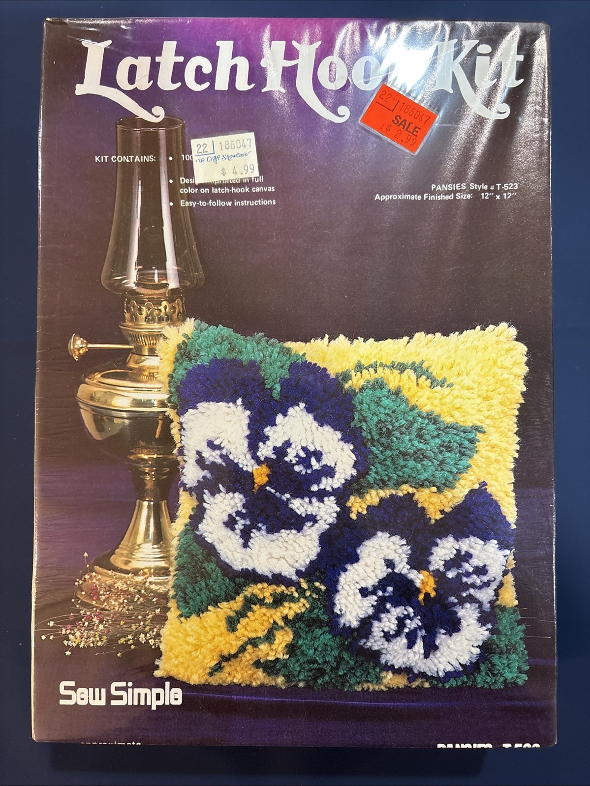 Sew Simple Latch Hook Kit, Pansies, sealed in box, Yellow Purple, 12x12”