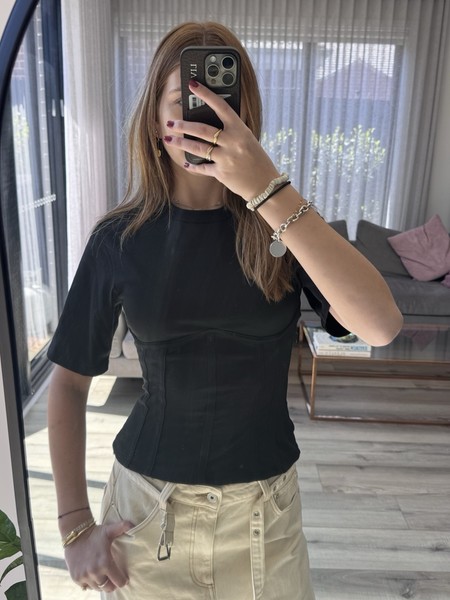 Women’s Black Corset Accent Crew Neck Pullover Short Sleeve T-Shirt Top