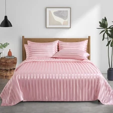 P Pothuiny Queen Satin Bed Linen Set, 6 Pieces Blush Pink Striped, Luxury Bed...
