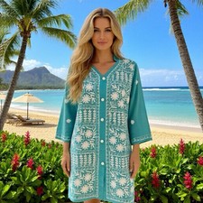 Unbranded Workshop Embroidered Tunic Dress CoverUp Floral Bohemian Blue White M