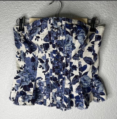 Free People Floral Boned Corset Top Blue/White Button Closure Size M C/D