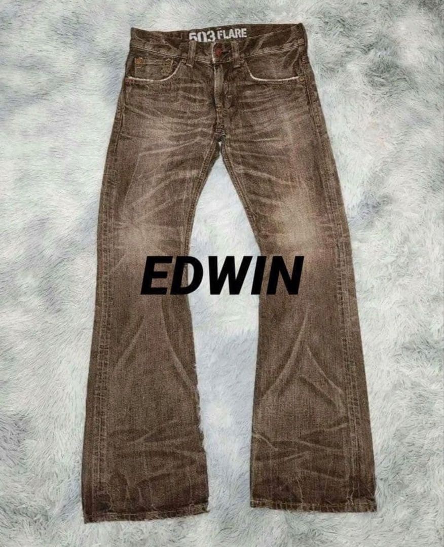 EDWIN 503 Flare Denim Jeans Brown Bootcut 28W 31L Used in Japan