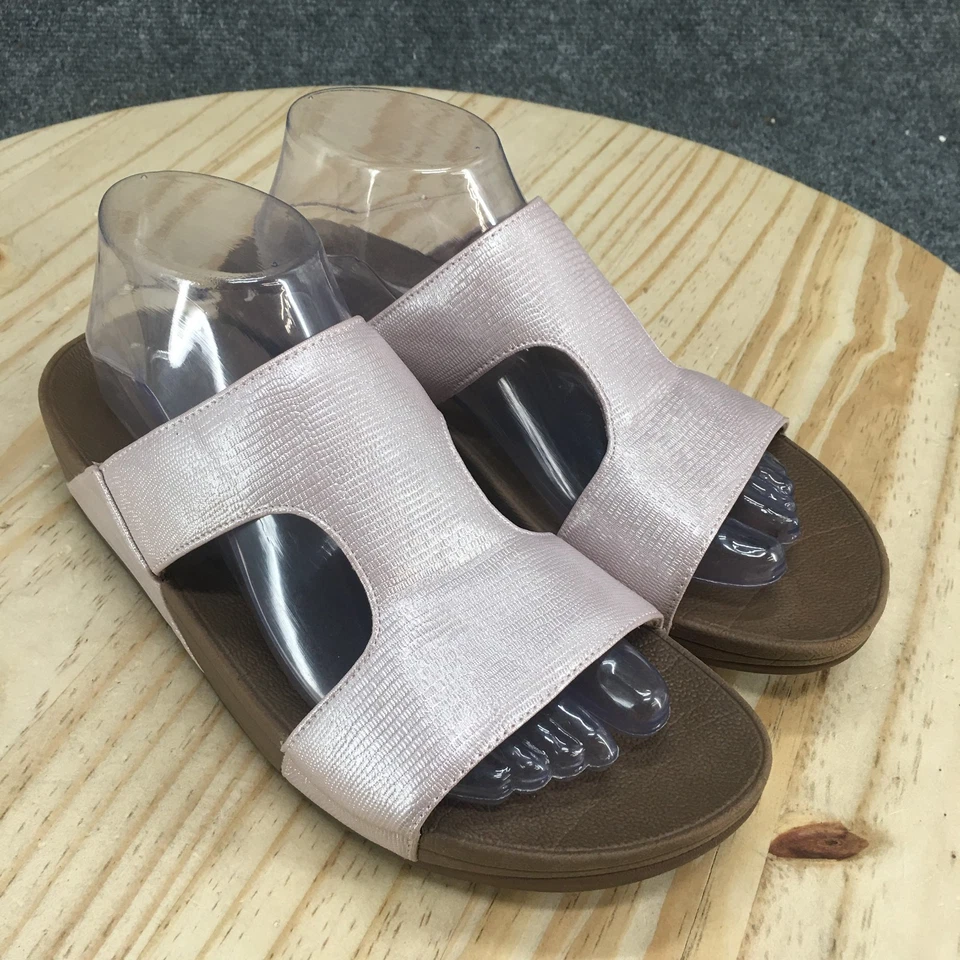 Fitflop Sandals Women 9 H-Bar Shimmer Lizard Slide Rose Gold Slip On Wedge Heels - Image 3 of 4