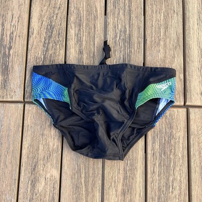 Speedo Men black / blue green nylon  PowerFLEX swim brief swimsuit size 32