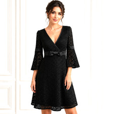 UK 10 Karen Millen Original Vintage Black French Lace Bell Sleeves Flare Dress