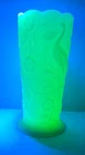 Fenton Uranium Custard Glass Peacock Garden Vase, Scalloped Rim, 8" Tall