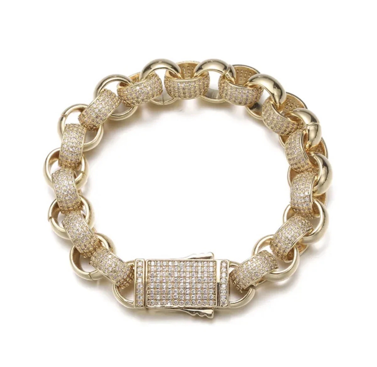 18K GOLD ICED 12mm Belcher Bracelet Men Women CZ Bling 8 Inch
