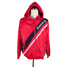 Reebok Retro Jacket Men's L Neon Red Hood Fleece Lined Windbreaker Full Zip EUC