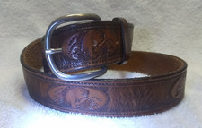 Brown Tooled Leather Belt Jumping Fish Silver Buckle Good Usable Size 30 1.5Wide