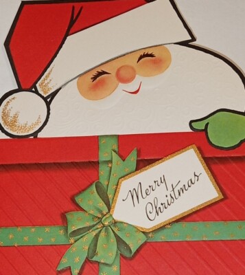 UNUSED Vintage Christmas card, cute Santa hiding behind gift, 6 1/2''