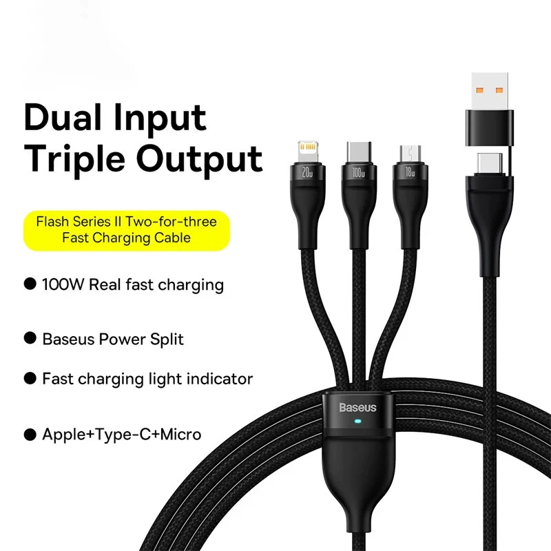 Baseus  100W 3 in 2 USB USB-C Micro USB Fast Charging Cable For iPhone Samsung - Image 3 of 4