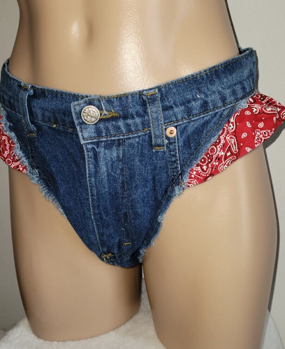 Fredrick's Small Hot Girl Country Red Bandanna Micro High Cut Shorts Bra Set - Picture 4 of 10