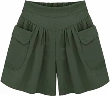 Women's Casual Summer Elastic Waist Wide Leg Shorts Culottes with Pockets S~XXL