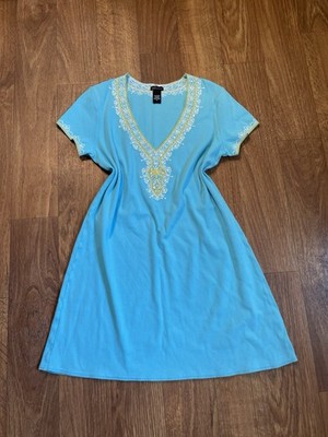 Moda International Blue Ribbed Beaded Rhinestone Tunic Top XL Boho Stretch