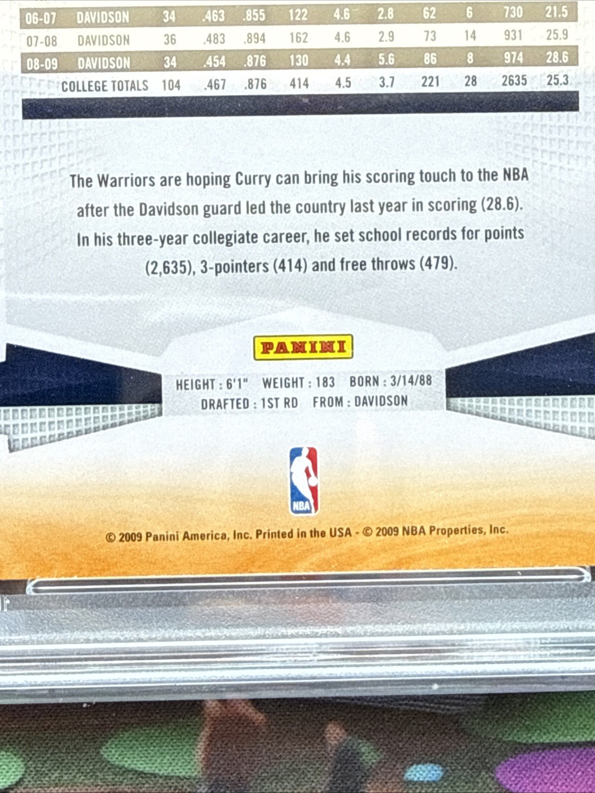 2009 Panini Stephen Curry #357 Rookie Card PSA 8 Golden State Warriors RC view 12