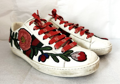 Auth Gucci White Leather Sneakers Roses Embroidered 40/10  Italy