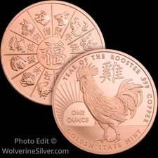 1 Oz. Solid .999 Fine Copper Round - Year of the Rooster - Golden State Mint