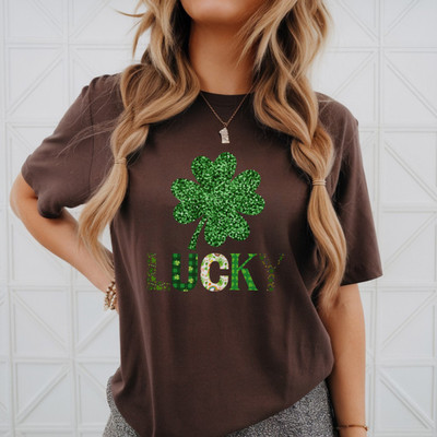 Printed Glitter Lucky T Shirt for Women | St Patrick s Day Shamrock Tee