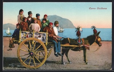 Carro siciliano, Italians driving the donkey cart, postcard 