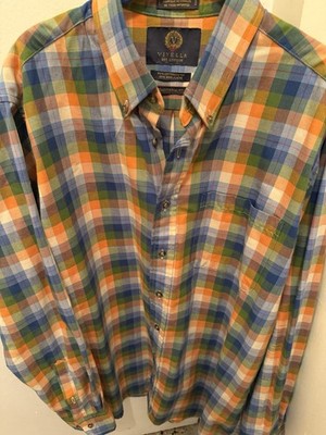 Viyella Button Down Mens Large Blue Orange Plaid Tartan Cotton/Wool Shirt GREAT