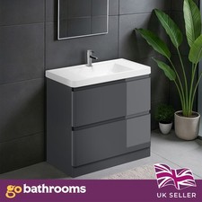 900mm Floor Standing Dark Grey Gloss Vanity Unit Resin Basin Sink 2 Drawer