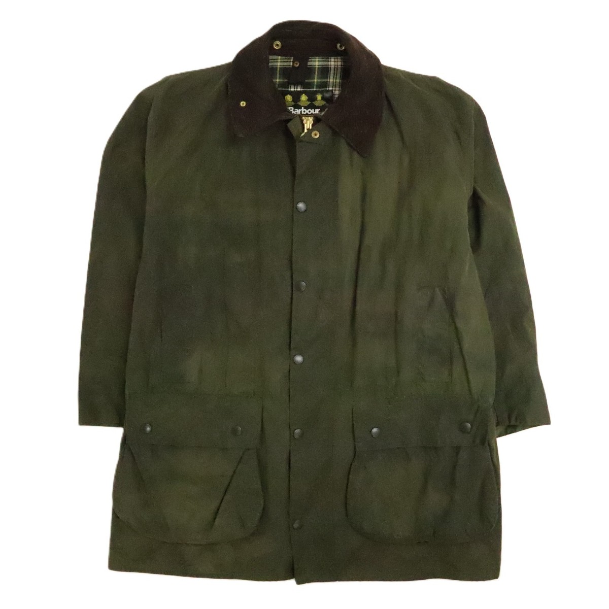 Barbour Waxed Cotton Border Coat Jacket Size C48 Green Plaid Lined