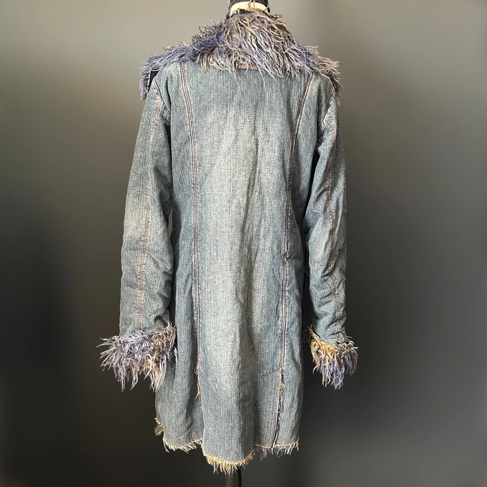 Vintage 90s Y2k Penny Lane Afghan Coat Denim Fur Trim Blue Trench Whimsigoth - Image 4 of 4