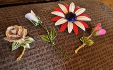 Multi Floral Pins VTG 4 Flower Metal Lapel Brooch Pins Vintage 1960-1970s Artsy
